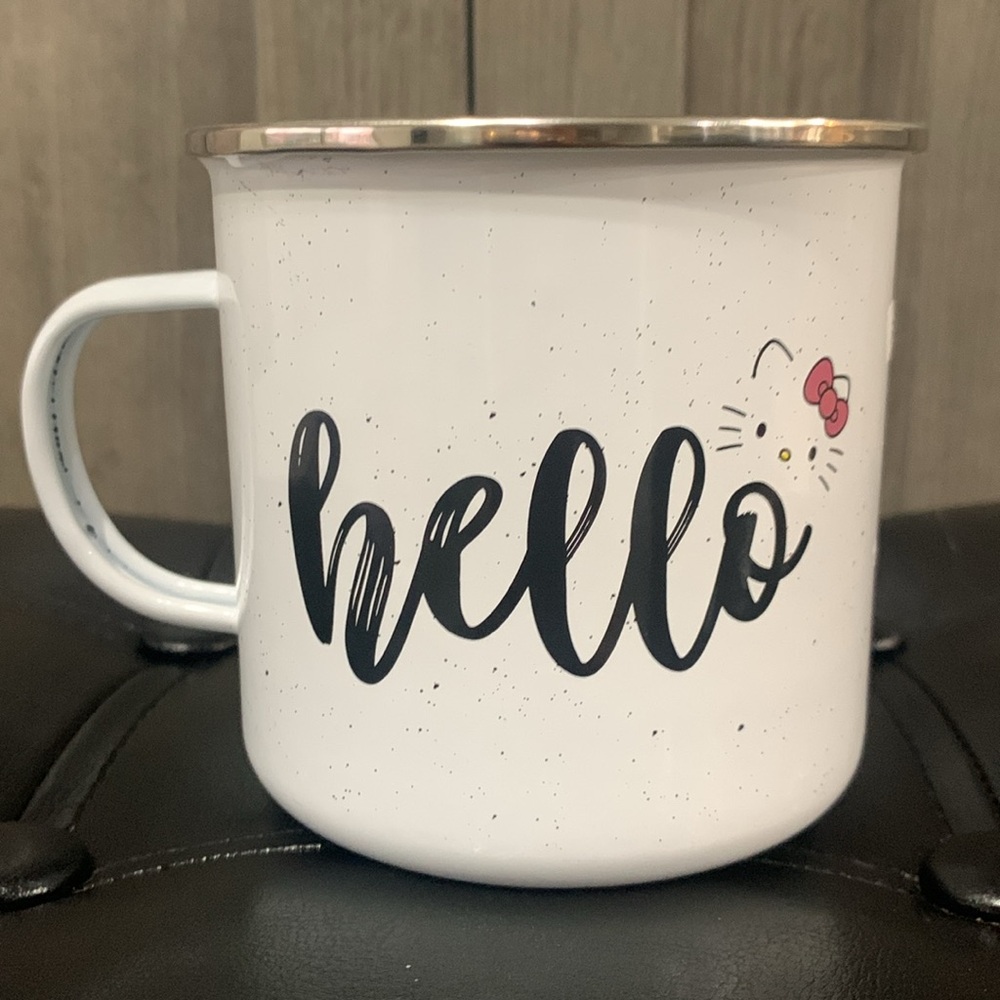 New Hello Kitty Face In Pink Bow White Metal Campers Coffee Mug By Sanrio - Picture 4 of 8